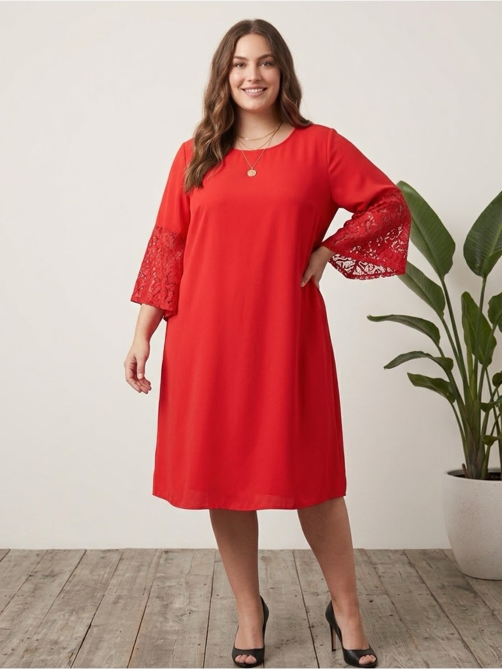 Lane Bryant Bright Red Mid-Sleeve Dress with Lace Sleeves